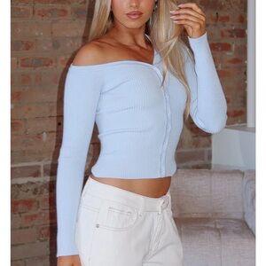 White fox Double Dates Long Sleeve Knit Top Blue